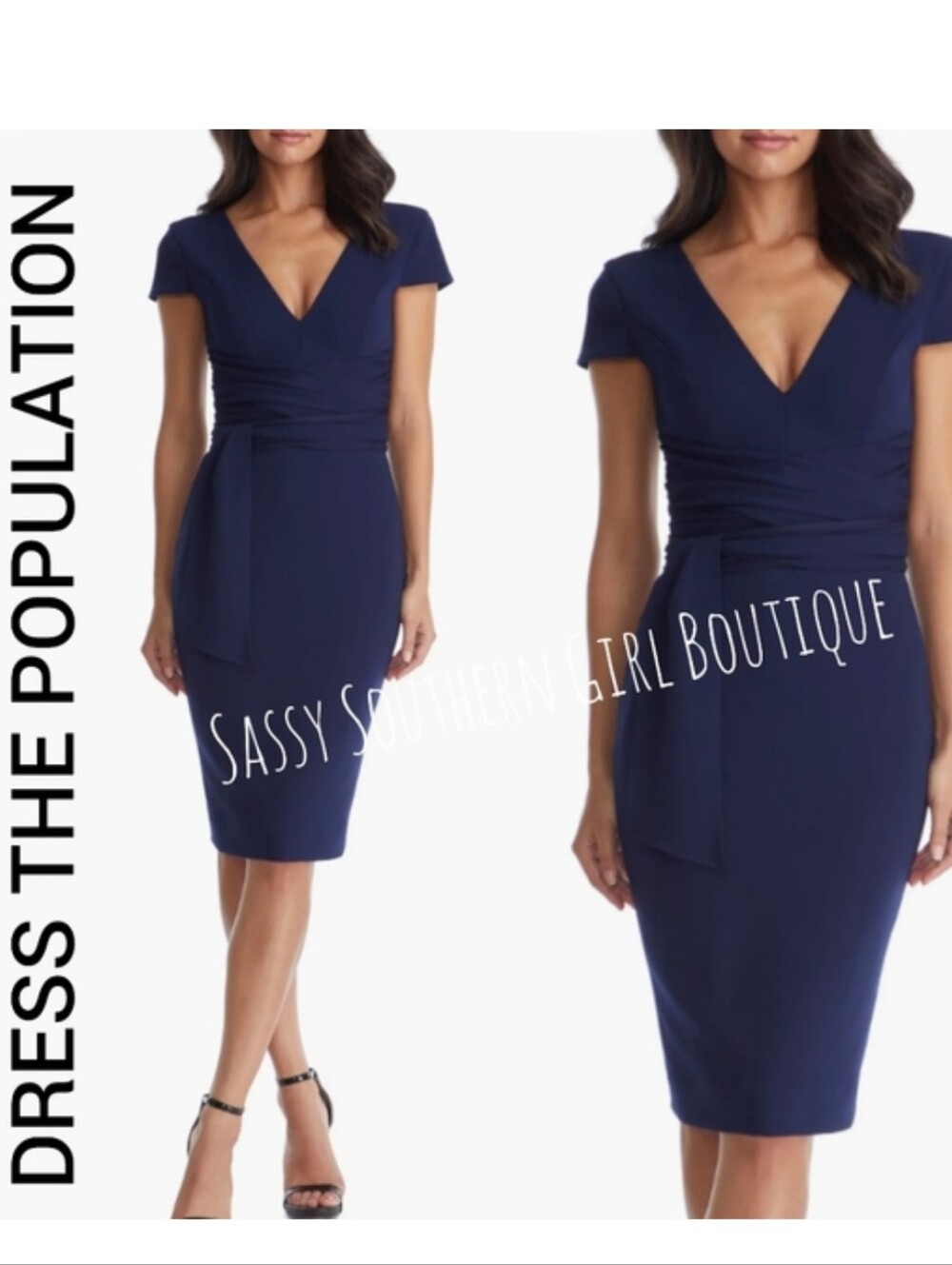 🆕⭐ DRESS THE POPULATION navy blue tie waist dress